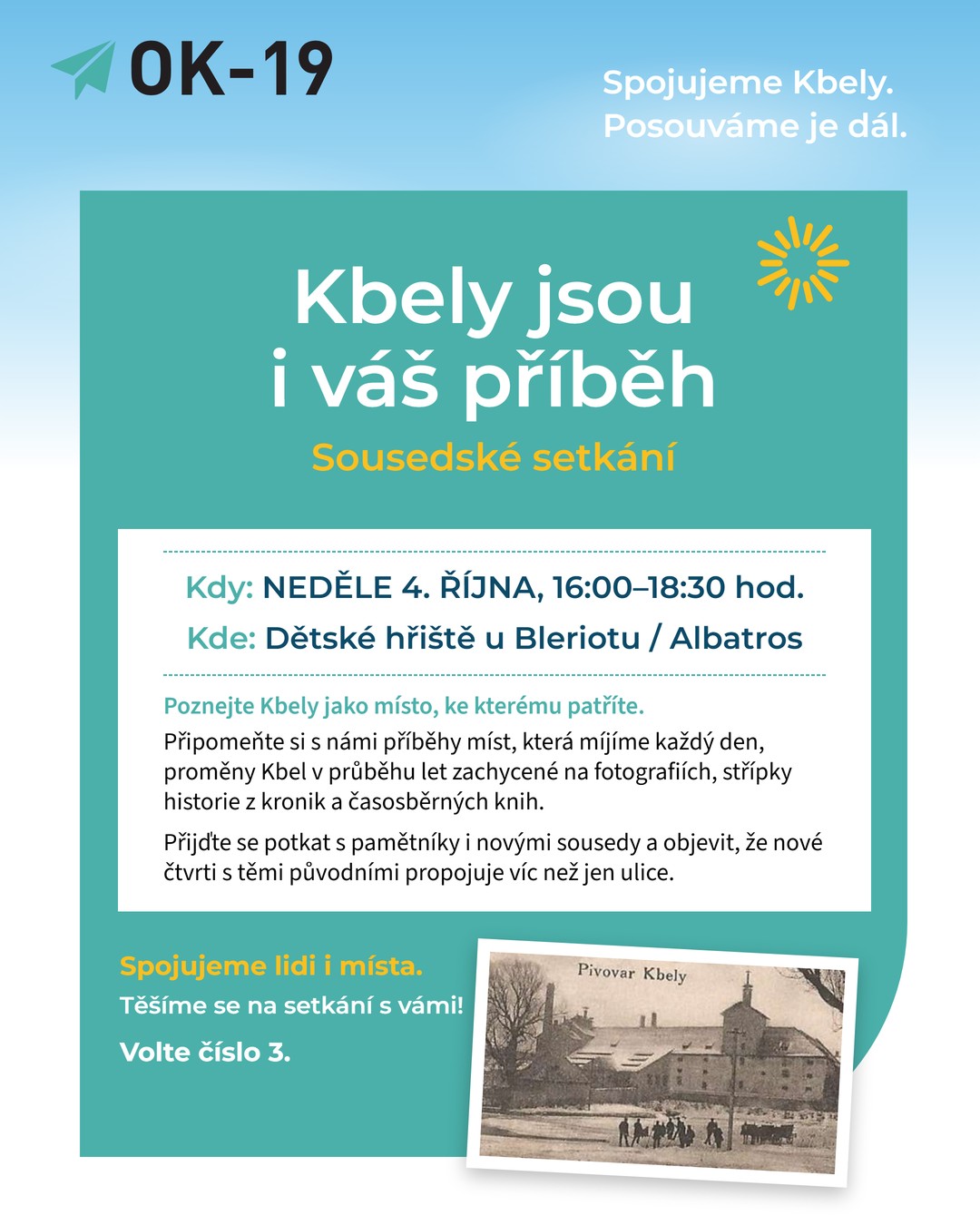 Pozvánka: Kbely jsou i váš příběh — sousedské setkání, neděle 4. října od 16:00 do 18:30 u dětského hřiště u Bleriotu / Albatros. Příběhy míst, proměny Kbel na fotografiích, pamětníci a noví sousedé
